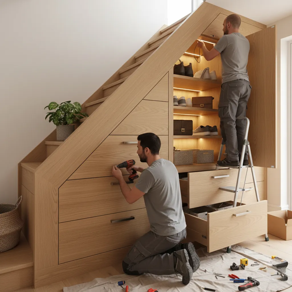 Bespoke under-stairs storage solution image with workers, showing the installation in progress