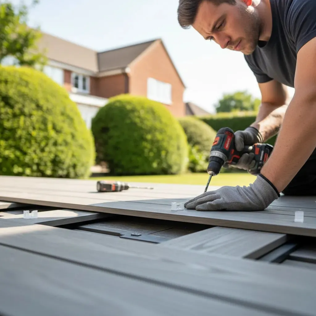 Carpenter installing composite decking, High Wycombe, modern garden carpentry service