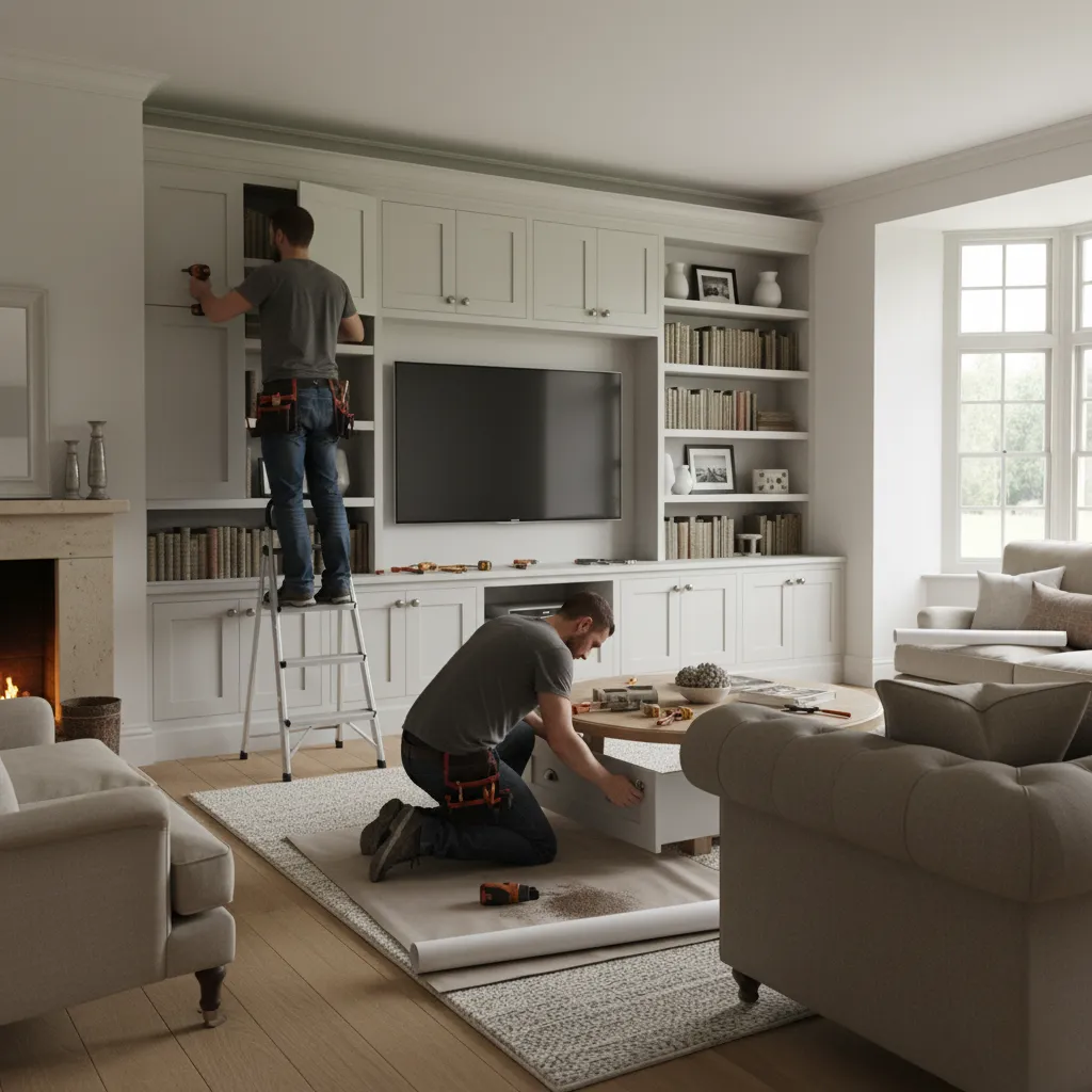 Carpenters installing Shaker media wall, bespoke storage, High Wycombe joinery