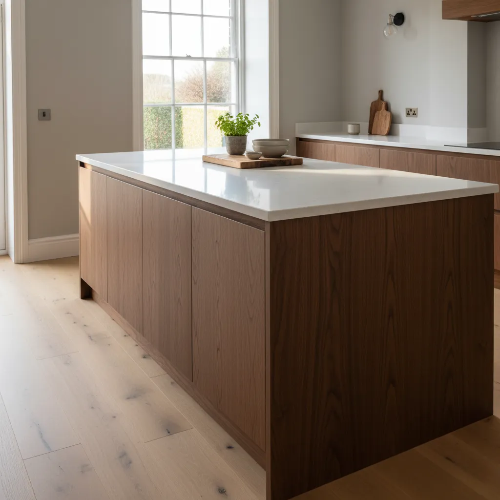Custom kitchen island with quartz waterfall worktop, premium joinery, Bucks home