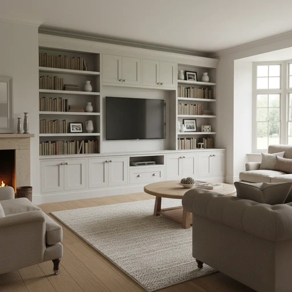 Finished bespoke media wall, Shaker style, Bucks carpentry and joinery