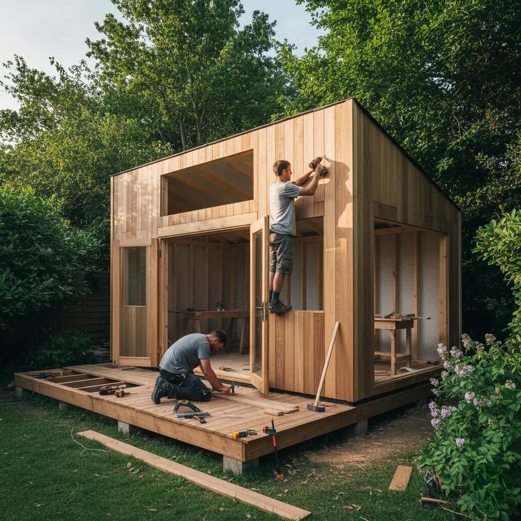 Garden gym and workshop outbuilding under construction, two carpenters working