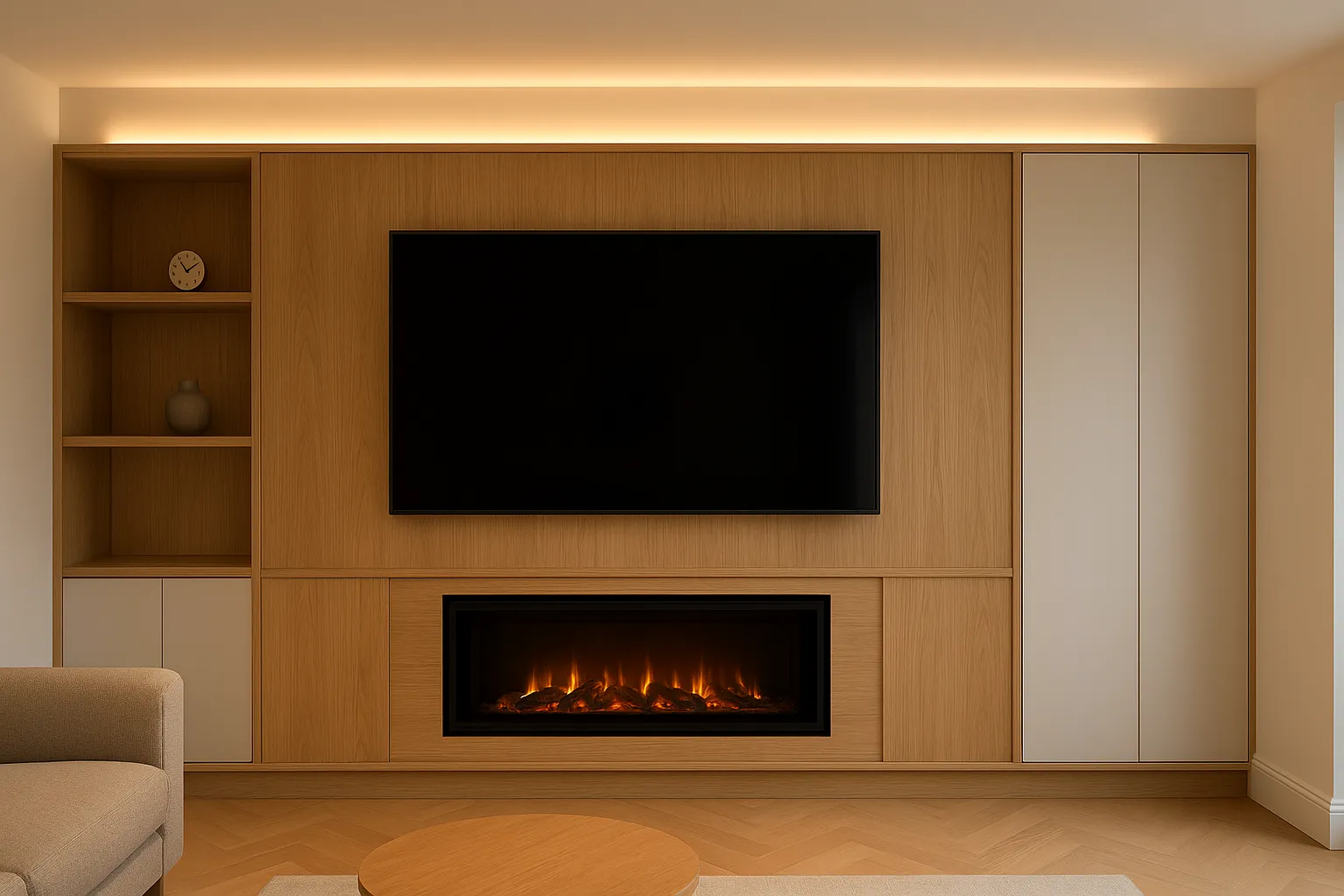 High Wycombe media wall, modern design, integrated fireplace, LED lighting installation