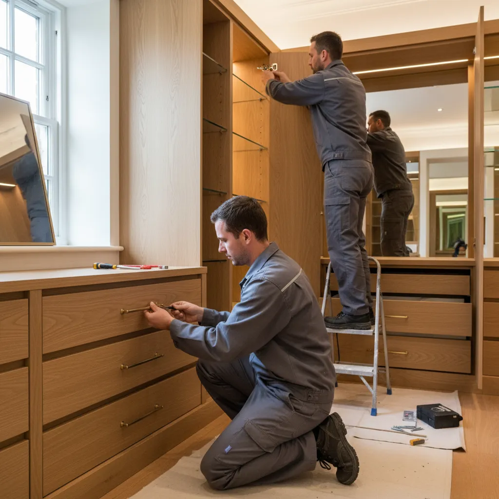 Joiners installing bespoke dressing room cabinetry, High Wycombe, luxury finishes