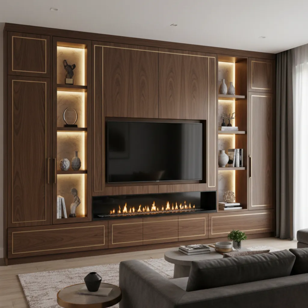 Modern wooden entertainment wall with TV, fireplace, and shelves