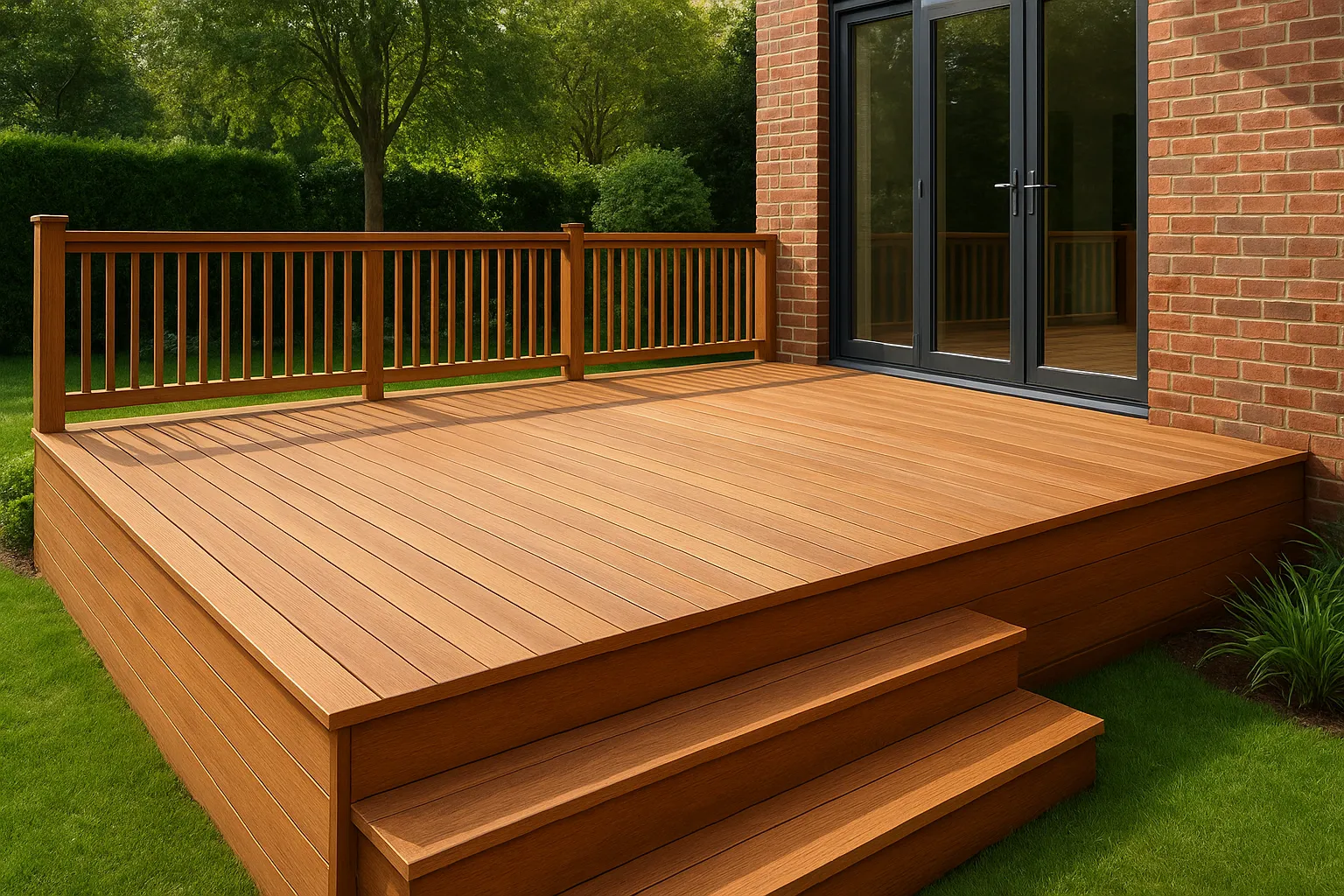 Spacious wooden decking extending from red brick Buckinghamshire house