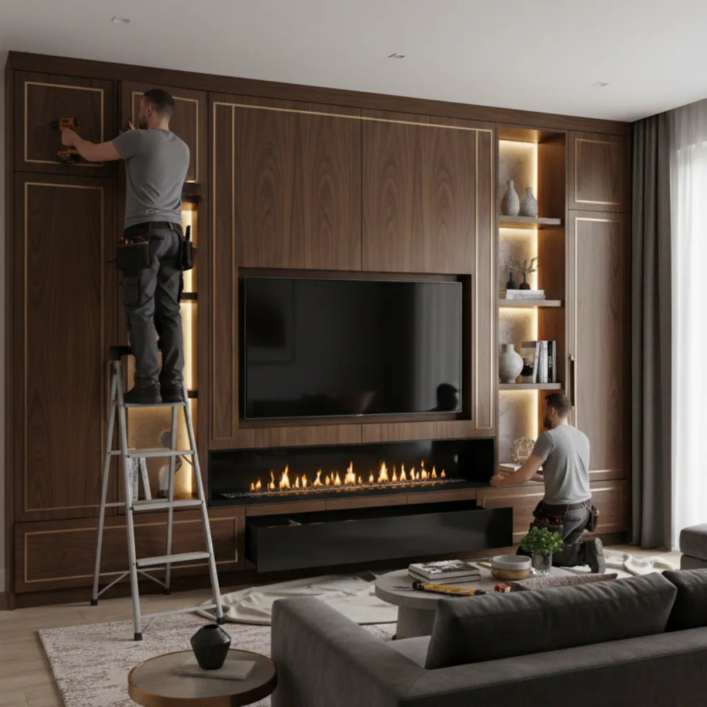 Workers installing wooden entertainment wall with TV and fireplace