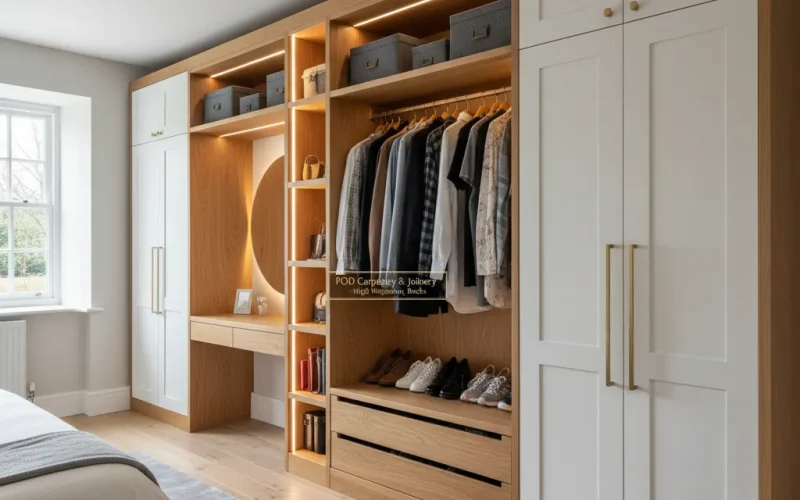 Bespoke wardrobe and dressing table, oak joinery, High Wycombe bedroom