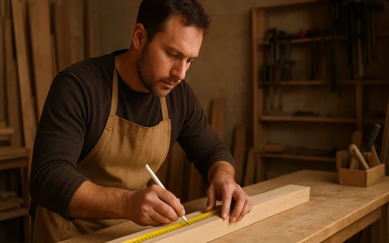 Carpenter measuring wooden plank with tape measure in workshop